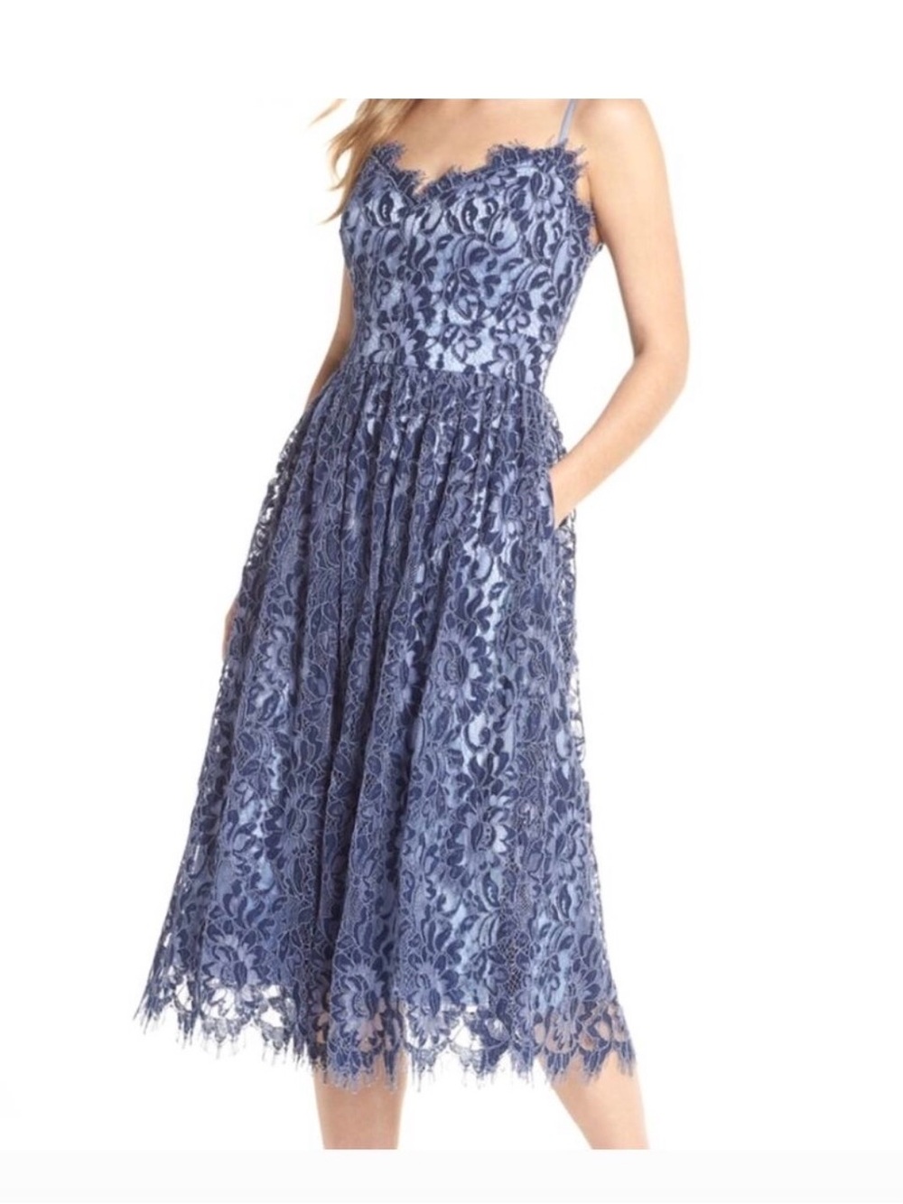Eliza J Dusty Blue Lace Midi Dress